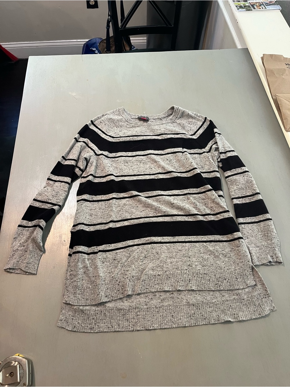 Vince Camuto Striped Tunic Sweater Small Grey Black Angora Blend High Low